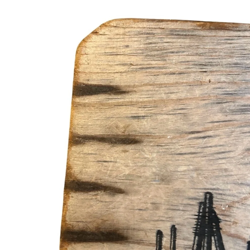 Wooden Plaque with Ship Ink Illustration
